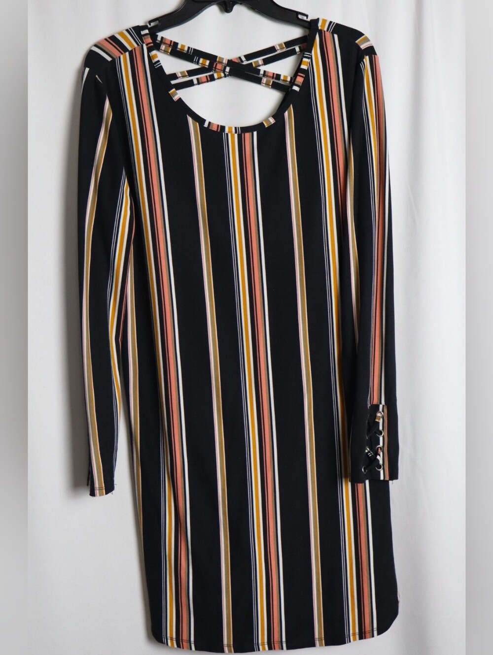Striped Black Multi-Color Long Sleeve Dress with Crisscross Back